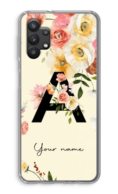 Gepersonaliseerd - Case Company® - Hoesje geschikt voor Samsung Galaxy A32 5G hoesje - Flirty Flowers Monogram - Soft Cover Telefoonhoesje - Bescherming aan alle Kanten en Schermrand