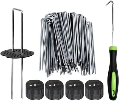 50 U-vormige Tuinpinnen met 50 Bufferdiscs - Roestvrij, Ideaal voor Grondzeilen en Kunstgras