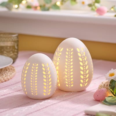 Porseleinen Eieren - Decoratieve Eieren - Paasdecoratie - Met LED en Timer - 14cm en 11cm - Wit