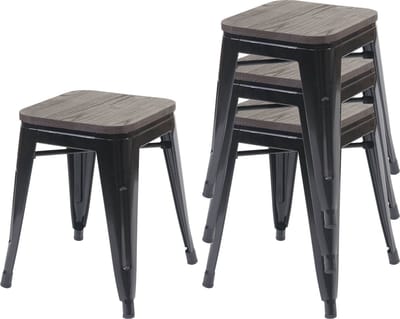 Set van 4 krukken MCW-A73 incl. houten zitting, metalen kruk, stapelbaar ~ zwart