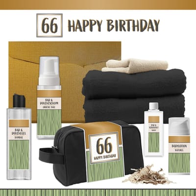 Geschenkset “66 Happy Birthday” - 8 producten - 1140 gram | Luxe wellness Cadeaubox voor Hem Giftset Feestje Verjaardag Zesenzestig jaar Cadeau Pakket Douche Gefeliciteerd Verjaardagscadeau Man Gift Set Party Sixty-six Years Hartje Goud Groen Zwart