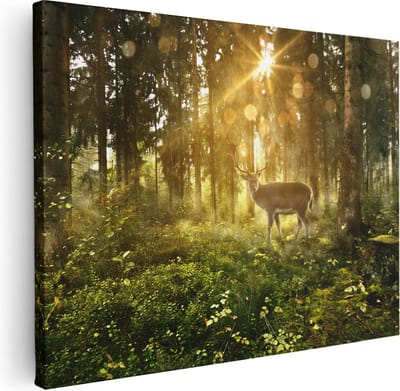 Artaza Canvas Schilderij Hert In Bos - 40x30 cm - Klein - Wanddecoratie Zonlicht - Muurdecoratie Natuur - Kamer Accessoires