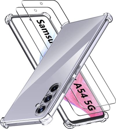 Casemania Hoesje Geschikt voor Samsung Galaxy A54 - Transparant + 2X Glazen Screenprotector - Anti Shock Hybrid Back Cover