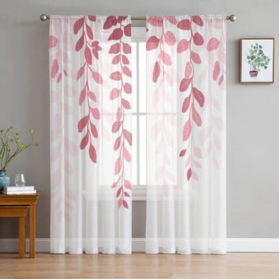 Bladplant Landelijke Stijl Agaat Groen Roze Verloop Transparant Raamgordijn Tule Gordijnen voor Woonkamer Huisdecoratie Voile Gordijnen 135W x 114H(cm) white