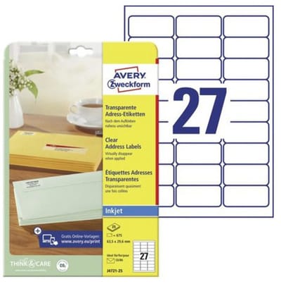 Inkjetetiket Avery 63 - 5x29 - 6mm transparant 25 vel 27 etiketten per vel