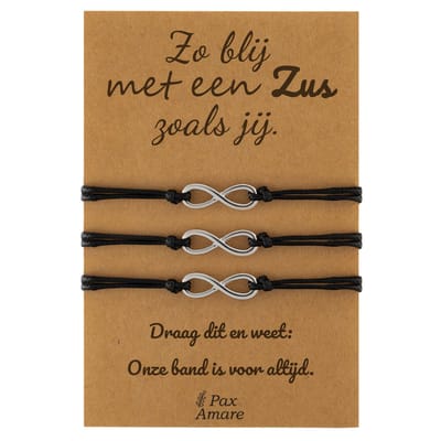 Vriendschapsarmbandjes voor 3 "Zo blij met een zus zoals jij" - Oneindigheidsteken - Sisters Armbandjes met Cadeau Kaartje - Zilverkleurig - Elastisch Verstelbaar - Pax Amare