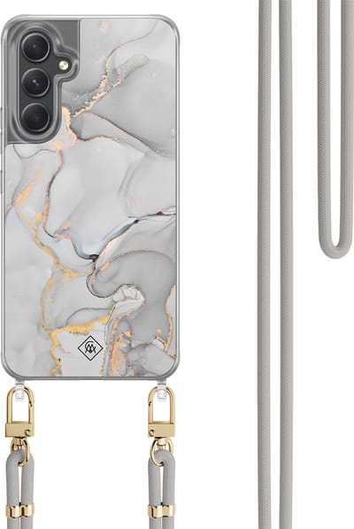 Casimoda® hoesje met koord - Geschikt voor Samsung A34 - Marmer Grijs - Afneembaar koord - TPU/polycarbonaat - Grijs