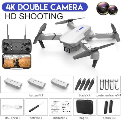 LYZRC E88 PRO Afstandsbediening Drone 4K HD Enkele/dubbele camera Optische stroompositionering WiFi FPV Helikopter RTF met realtime video met 1/2/3 batterijen dual camera 3 battery grijs