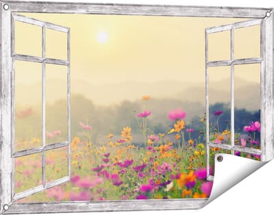 Gards Tuinposter Doorkijk Bloemenveld met Kosmos - Zonsondergang - 90x60 cm - Tuindoek - Tuindecoratie - Wanddecoratie buiten - Tuinschilderij