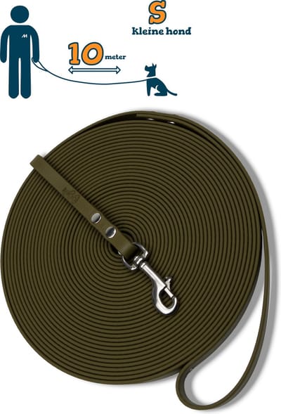 Miqdi lange lijn - BioThane – olijfgroen - 10 meter lang – 9mm breed – XS/S – kleine hond – lange hondenriem