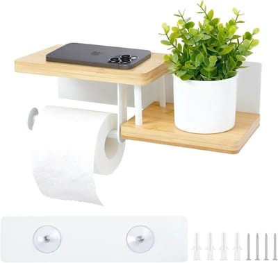 Toiletpapierhouder met Plank | Zelfklevend of te Boren | Witte Houder voor Badkamer, Keuken en Toilet | 30×12×8 cm | Duurzaam, Modern en Functioneel
