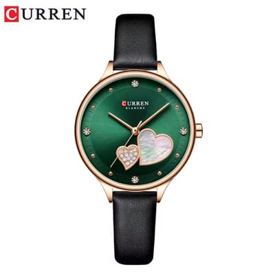 CURREN Horloge 9077 - Rosékleurig-Groen – Dames - Quartz - Diamant Wijzerplaat - Lederen Band - Elegant en Waterbestendig