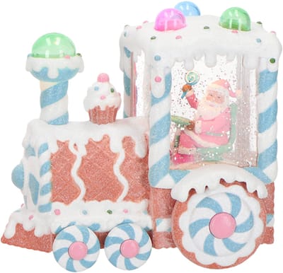 Viv! Christmas Kerst Sneeuwbol incl. LED - Gingerbread Trein met Kerstman - automatisch - pastel blauw - 18cm