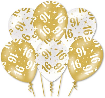 Q2P - 16 Jaar Ballon - Verjaardag Versiering - Wit & Goud - Helium Ballonnen - Feest Decoratie - Sweet Sixteen - 6 Stuks
