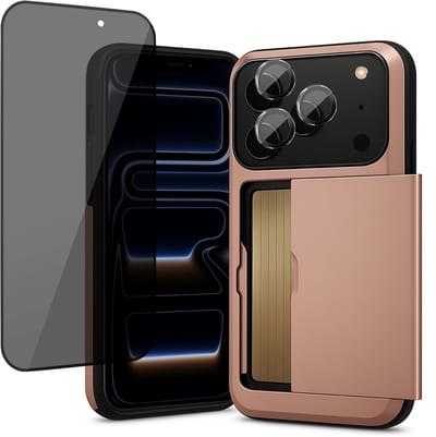 Hoesje met Pasjeshouder geschikt voor iPhone 17 Pro - Privacy Screenprotector FullGuard & Camera Lens Screen Protector Zwart - Back Cover SlideCase Roségoud