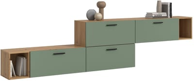 Modulaire woonwand in artisan eik en smoke green - Stijlvolle opbergoplossing - 276cm