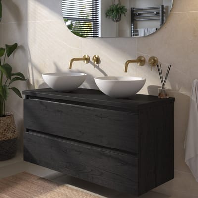 Saqu Gaia badmeubel incl. mat witte waskommen 120x51x77cm eiken zwart – zwarte greeplijst