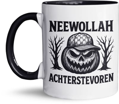 Neewollah Achterstevoren Mok – 325 ml Keramische Halloween Koffiemok met Grijnzende Pompoen, Spooky Bomen & Woordgrap – Grappige Mok voor Halloweenliefhebbers, Pompoenfans & Collega’s met Zwarte Humor – Vaatwasser- en Magnetronbestendig