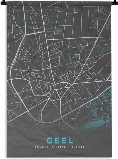 Wandkleed - Wanddoek - Kaart – Plattegrond – Stadskaart – Geel – België - Grijs - 120x180 cm - Wandtapijt