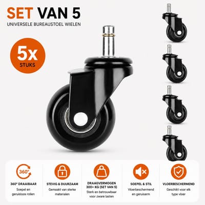 MeubelsvanJoep Bureaustoel wieltjes 11 mm - Bureaustoel wielen 11mm - Ø 50 mm - wieltjes voor onder meubels - 75 KG per wiel - Bureaustoel wieltjes voor laminaat & PVC & harde vloer - Set van 5