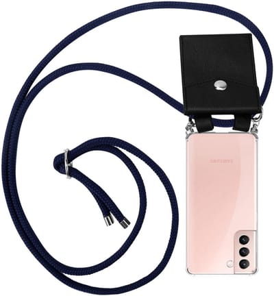Cadorabo Hoesje geschikt voor Samsung Galaxy S21 5G in DIEP BLAUW - Silicone Mobiele telefoon ketting beschermhoes met zilveren ringen, koordriem en afneembaar etui