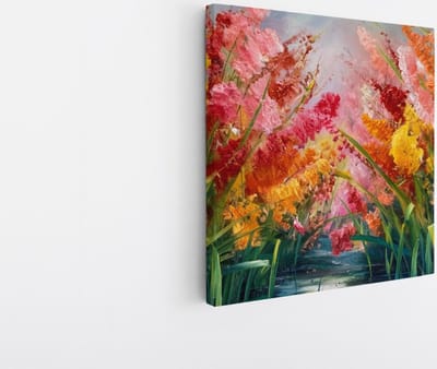 Saammp Canvas Schilderij - Bloementuin in Levendige Kleuren - Abstract - 20x20 - Foto op canvas - Wanddecoratie - Muurdecoratie Woonkamer - Kantoor Decoratie