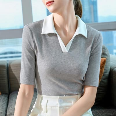 T-shirt met vijfkwartmouwen en polokraag voor dames Herfst Nieuw Design Niche en Chic Revers Halflange mouwen Contrasterende Top 3XL grijs