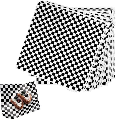 100 Stuks Voedsel Waxpapier, Zwart-Wit Burgerpapier, Checkered Deli Basket Liner voor Snacks en Voedselverpakking, Vettig Bestendig en Ideaal voor Catering