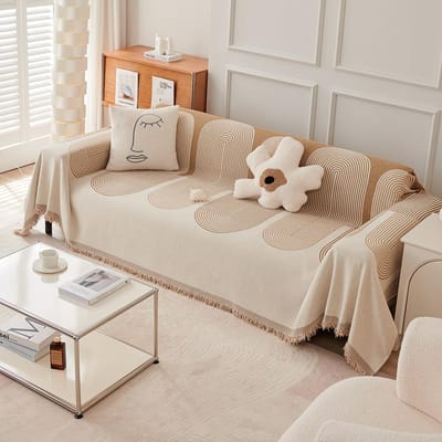 Nordic Kwast Worpdeken Vier Seizoenen Bankovertrek Stof Anti-kat Krab Beschermhoes Bankdeken Tapijt Reisdeken Kwasten 180x130 beige