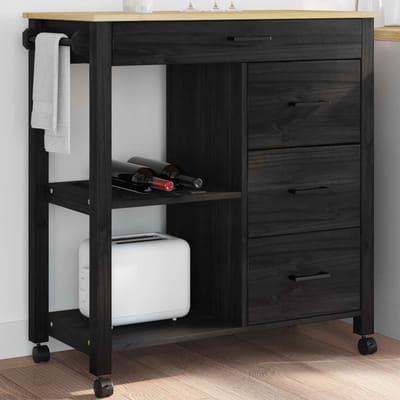 vidaXL - Keuken - Trolley - MONZA - Zwart - 84 - x - 40 - x - 88,5 - cm - Massief - vurenhout