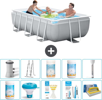 Intex Rechthoekig Prism Frame Zwembad - 300 x 175 x 80 cm - Grijs - Inclusief Pomp - Ladder Chloor - Chloordrijver - Testrips - Reparatiesetje - Scrubborstel - PH-waarde - PH-waarde - Thermometer
