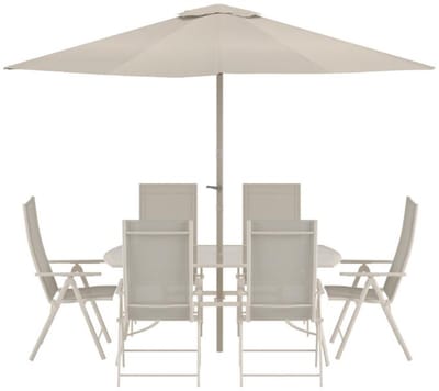 Brekki tuinmeubelset parasol, tafel 90x150cm 6 stoelen beige.