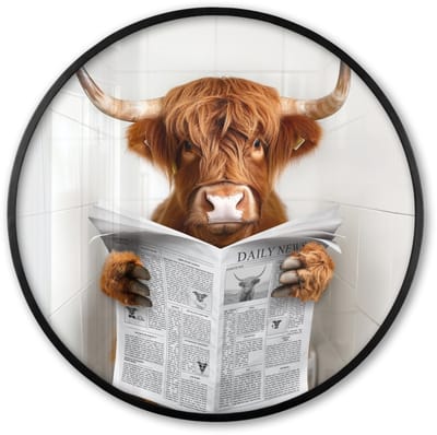 Poster in lijst Rond - Fotolijst 60x60 cm - Posters - Schotse Hooglander - Dier - Krant - Toilet - Ronde posterlijst zwart - Decoratie - Wanddecoratie woonkamer - Muurdecoratie slaapkamer