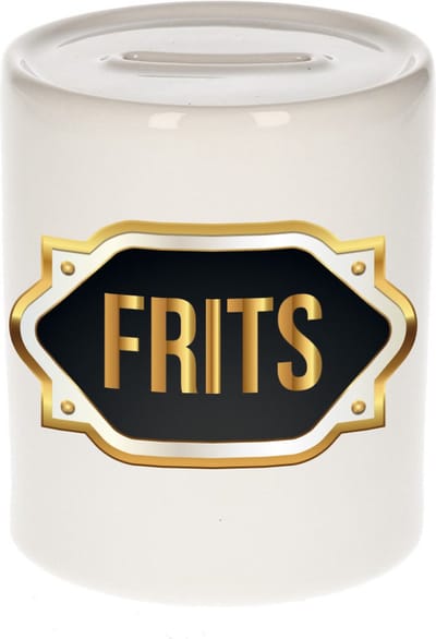 Spaarpot met voornaam Frits - wit - met goud/zwart embleem - 8 x 9 cm - keramiek - met afsluitdop - cadeau verjaardag