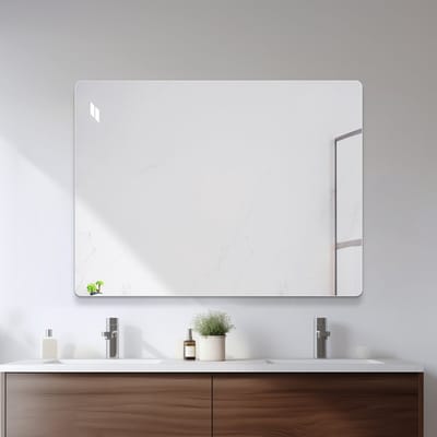 MODFU Luxe Frameloze Wandspiegel (80x60 cm) - Badkamerspiegel met Afgeronde Hoeken - Horizontaal of Verticaal - Zilver