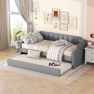 Gutent Slaapbank, Grijs (Zonder matras), 90 x 200(190) cm, Gestoffeerde Eenpersoons slaapbank met onderschuifbed