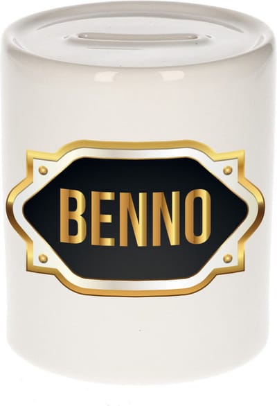 Spaarpot met voornaam Benno - wit - met goud/zwart embleem - 8 x 9 cm - keramiek - met afsluitdop - cadeau verjaardag