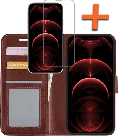 Hoes - Met Screenprotector - Geschikt voor Apple iPhone 14 - Luxe Pasjeshouder - Bookcase Portemonee - Flip Case - Kunstleer Book Case - Flipcase - Book Cover - Walletcase - PortemonneeHoes - Bruin