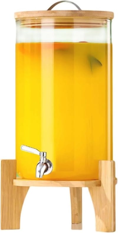 Verticale Drankdispenser voor Feesten - Elegante Glazen Koude Drankmachine met Houten Standaard en Roestvrijstalen Kraan, Capaciteit 7.5L
