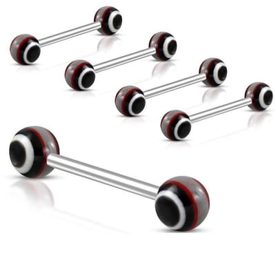 Aramat Jewels | Tongpiercings | Kleurrijke Gestreepte Tongpiercing van Staal | Zwart-Wit-Rood | |6mm | Staal | Volwassenen | Verkleurd niet
