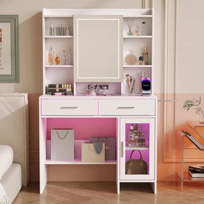 Make-up Tafel met LED Spiegel, Verstelbare Verlichting en Ingebouwd Stopcontact - Witte Kaptafel met Veel Opbergruimte