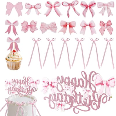 Allecto Plus - Roze Taart Decoraties met Lint en Strik - Happy Birthday Versieringen voor Verjaardagen en Bruiloften - Cupcake Toppers en Taartaccessoires