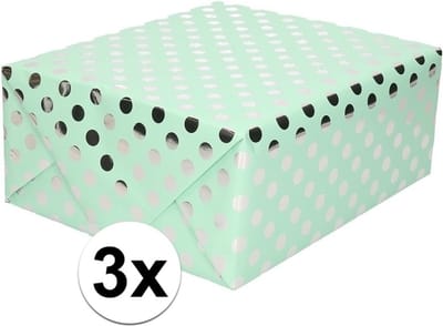 Luxe folie inpakpapier/cadeaupapier - 3x - mintgroen/zilveren stip - 200 x 70 cm - Geschenkpapier - Cadeautjes inpakken