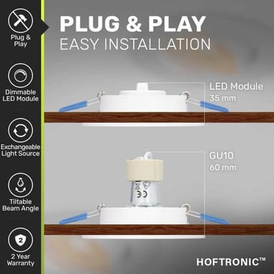 HOFTRONIC Pittsburg  LED inbouwspot - 6W 570lm - GU10 LED Module - Extra plat - 4000K neutraal wit - Dimbaar - Rond - Kantelbaar - Voor binnen - Wit