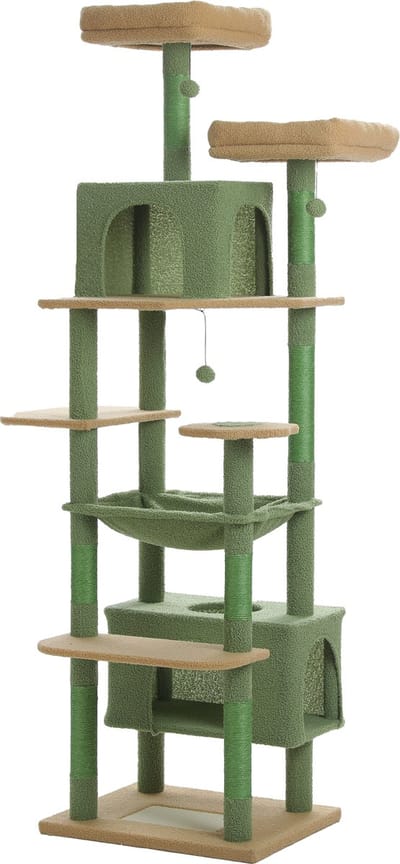Kattenu MeowMansion XL - Krabpaal voor grote katten - Groen - Grote krabpaal voor zware katten - 205 cm hoog - Katten krabpaal