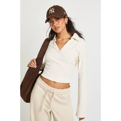 boohoo Dames Geribbelde Open Kraag Detail Top | Cream | Maat: 16