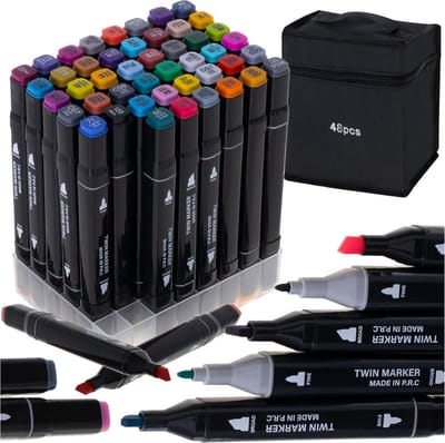 Playos® - Alcohol Markers - 48 Stuks - Inclusief Opbergtas en Base - Etui - Stiften - Twin Markers - Volwassenen en Kinderen - Dubbelzijdige Dual Tip Markers - Twinmarkers - Markeerstiften Alcohol - Alcohol Stiften - Creatief - Tekenen en Kleuren