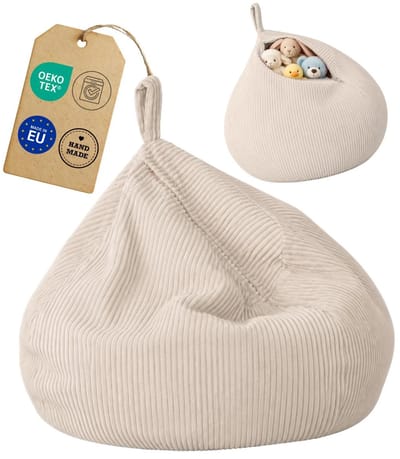 Flumi Corduroy Kids Poef - Speelgoedopslag - Afneembare Hoes - Beige Zitpoef voor Kinderen