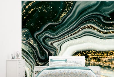 Behang - Fotobehang Marmerlook - Goud - Groen - Glitter - Design - Marmer - Breedte 300 cm x hoogte 240 cm