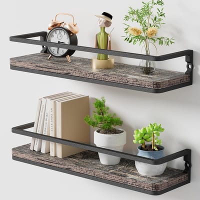 HOMESY Zwevende planken, plank met lengte 42 cm, houten wandplank voor slaapkamer, keuken, badkamer, woonkamer, thuiskantoor Grijs + Zwart